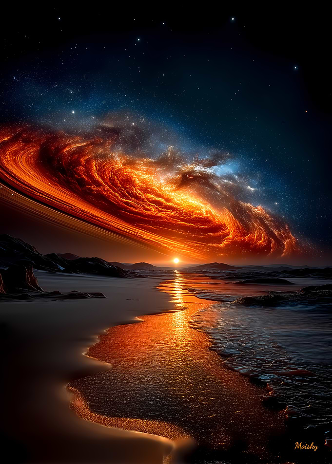 Celestial Firestorm at Sunset – Cosmic Galaxy Over Ocean