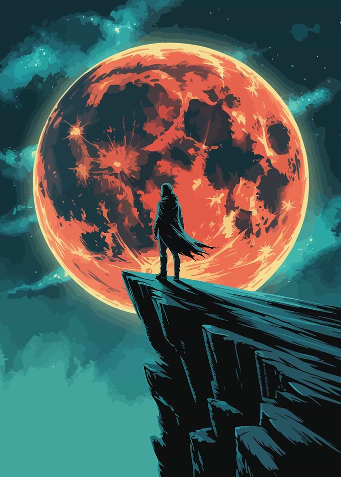 Silhouette on Cliff with Red Moon