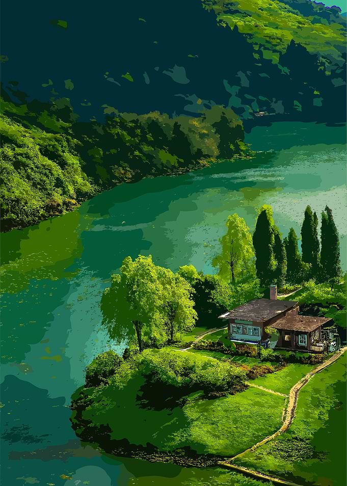 Lakeside House in Green Landscape
