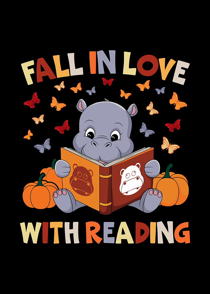 Hippo reading book with pumpkins Thanksgiving