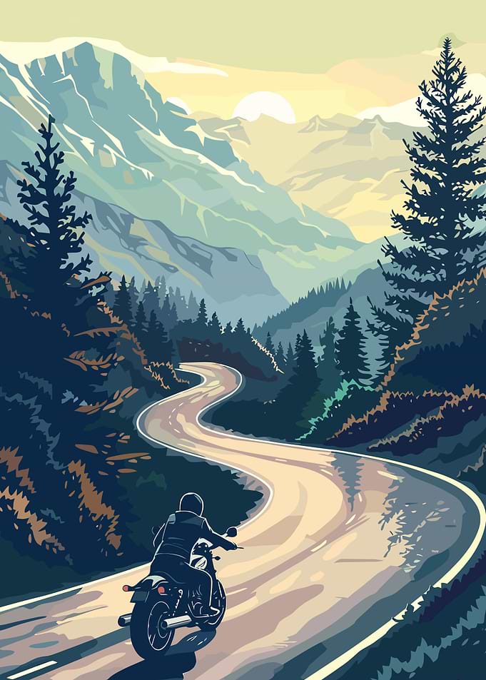 Motorcycle ride through mountain landscape art