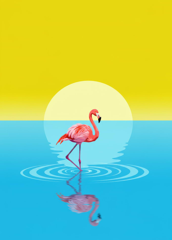 Flamingo in Water with Sunset