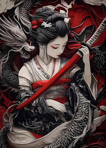 Geisha with Dragon and Katana