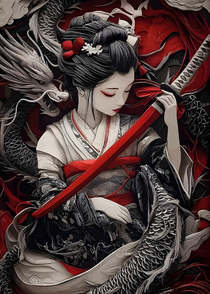 Geisha with Dragon and Katana