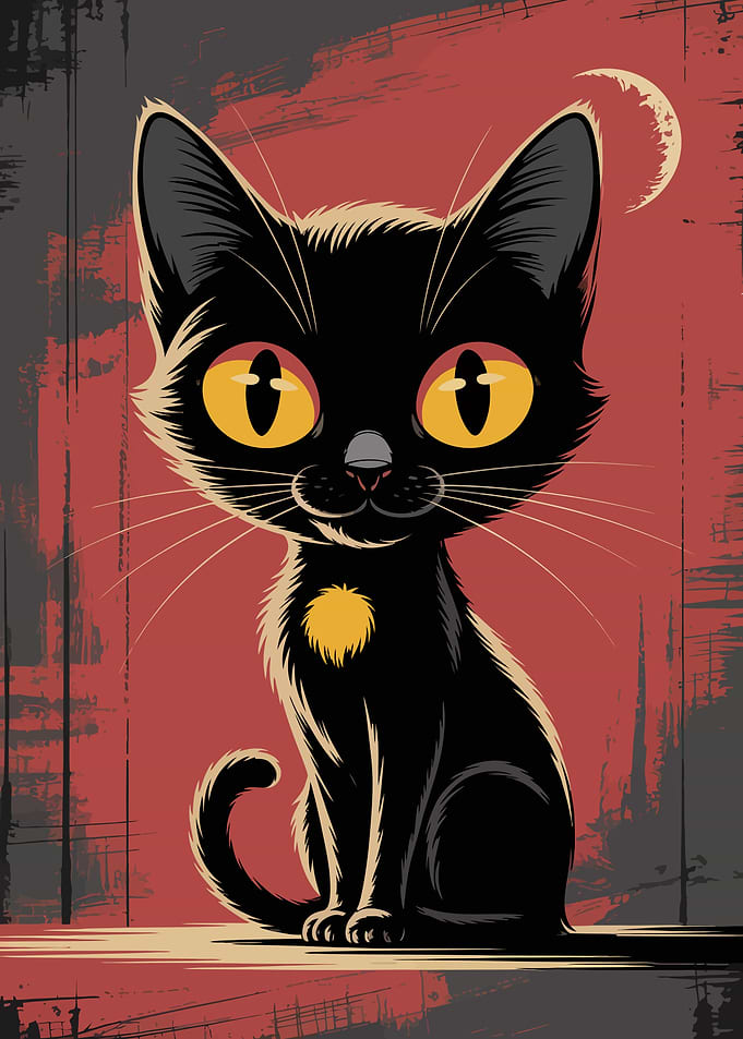 Cartoon Black Cat with Yellow Eyes