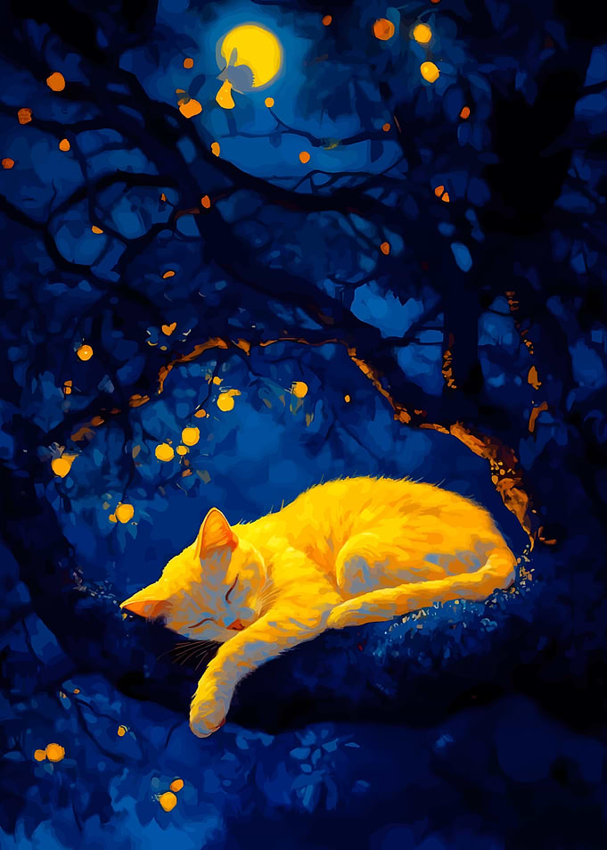 Sleeping Cat in Tree at Night