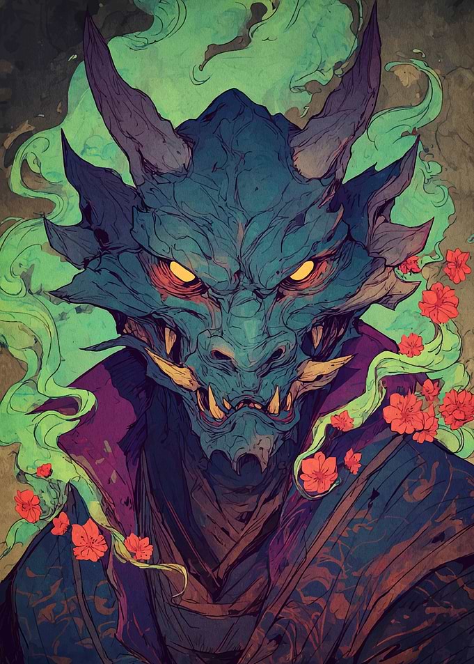 Blue Dragon with Flowers and Smoke