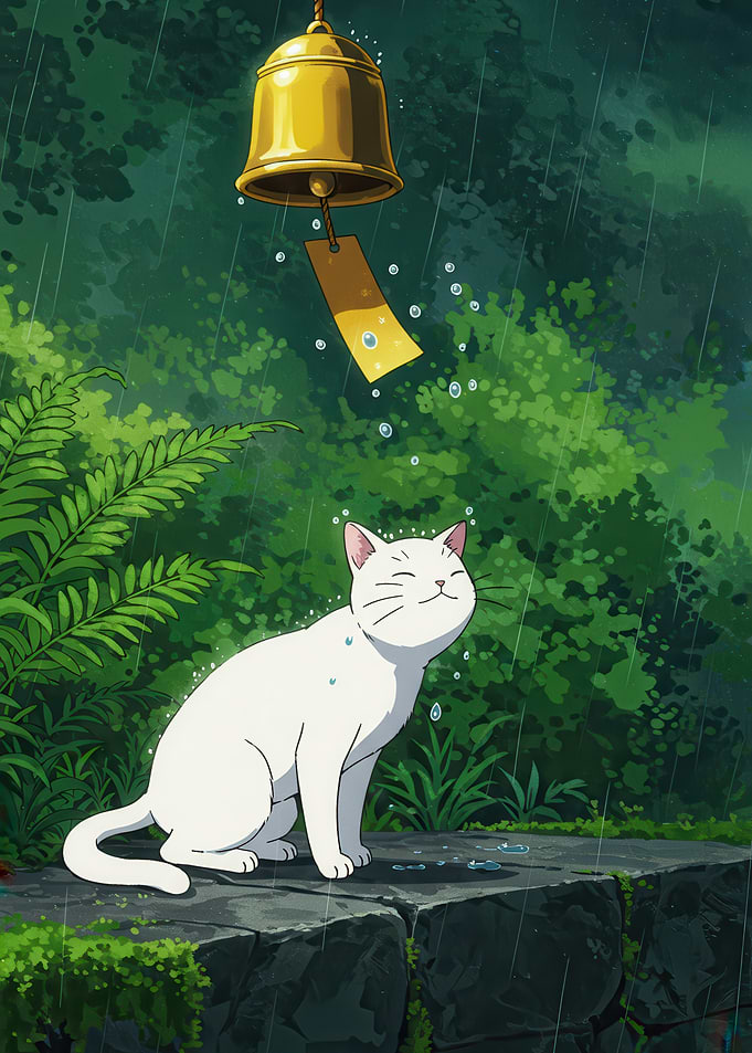 Cat in Rain with Wind Chime