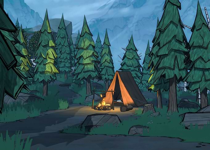 Stylized Forest Camp Scene in Blue Prince