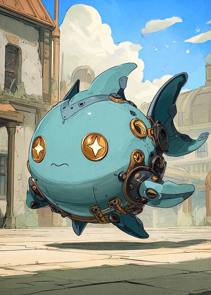 Steampunk Fish Character in Cityscape