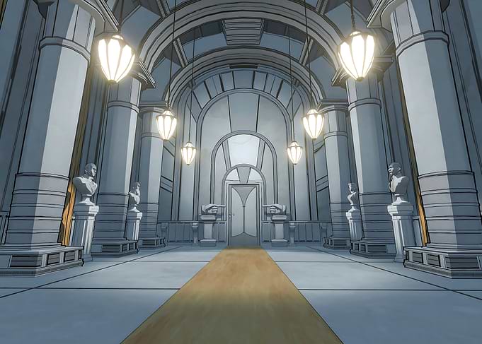 Blue Prince Grand Hall with Busts and Lanterns