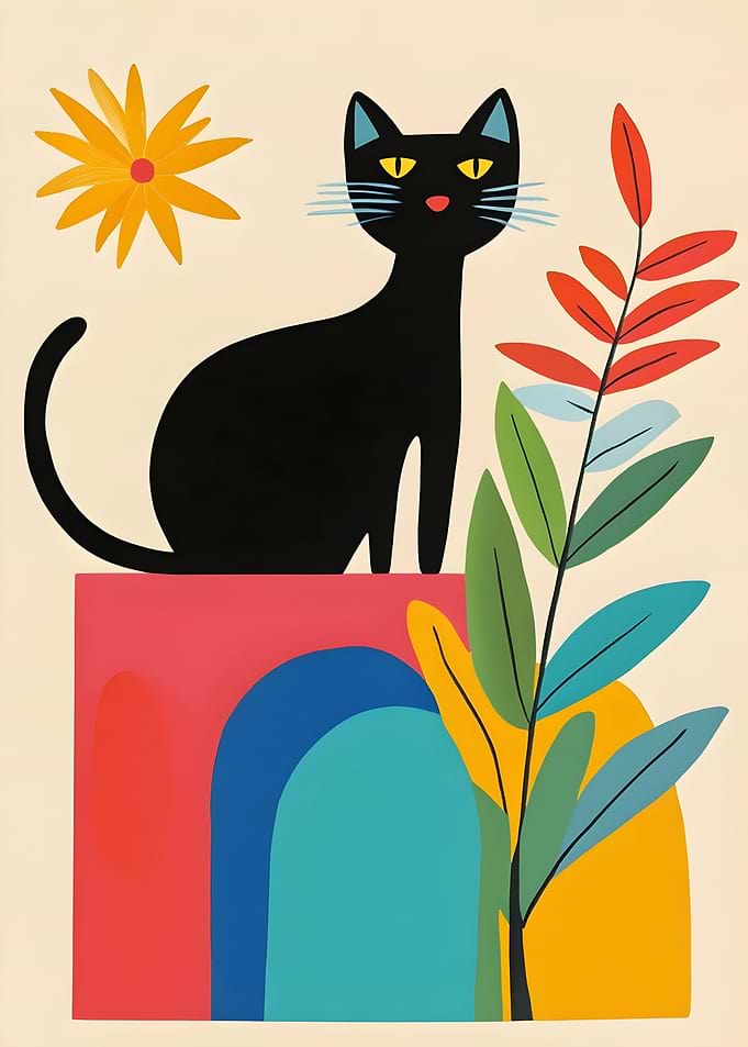 Stylized Black Cat with Floral Elements