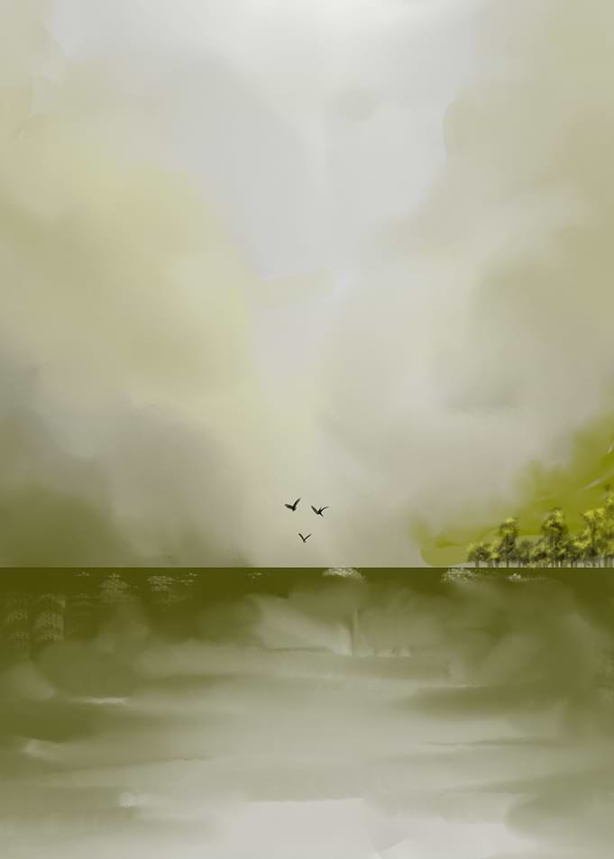 Serene Olive Green Landscape with Birds