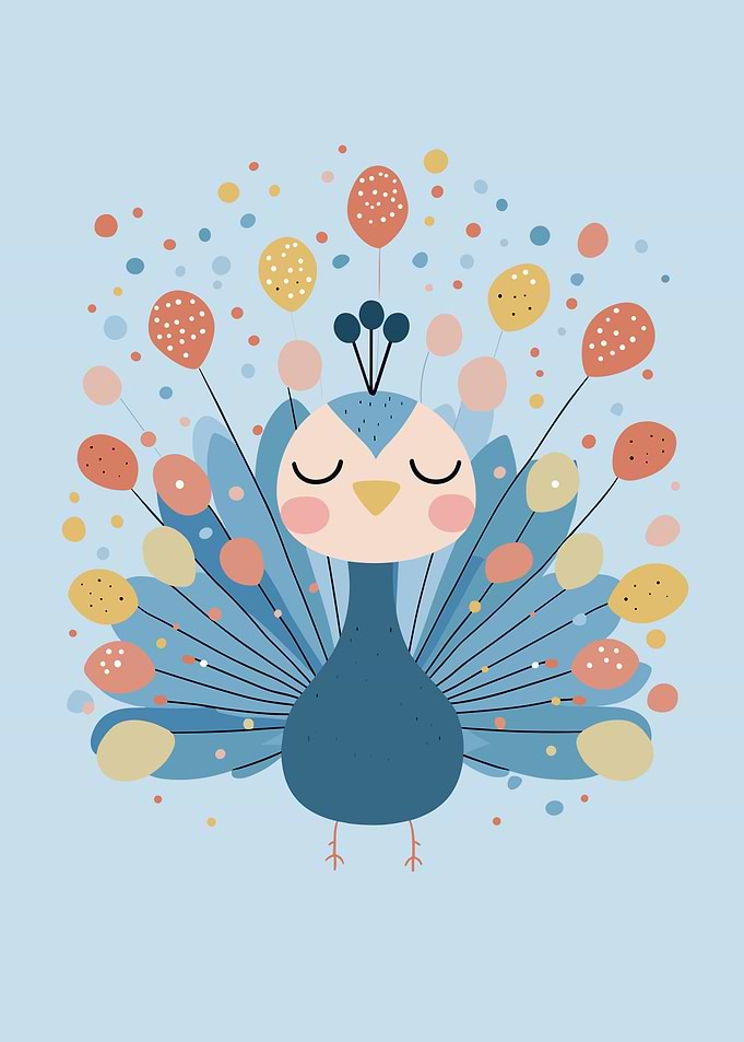 Cute Peacock Illustration on Blue Background