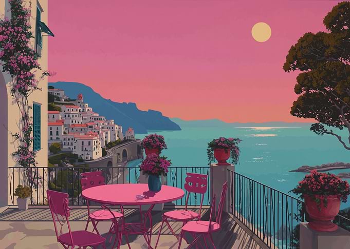 Coastal Terrace View with Pink Table