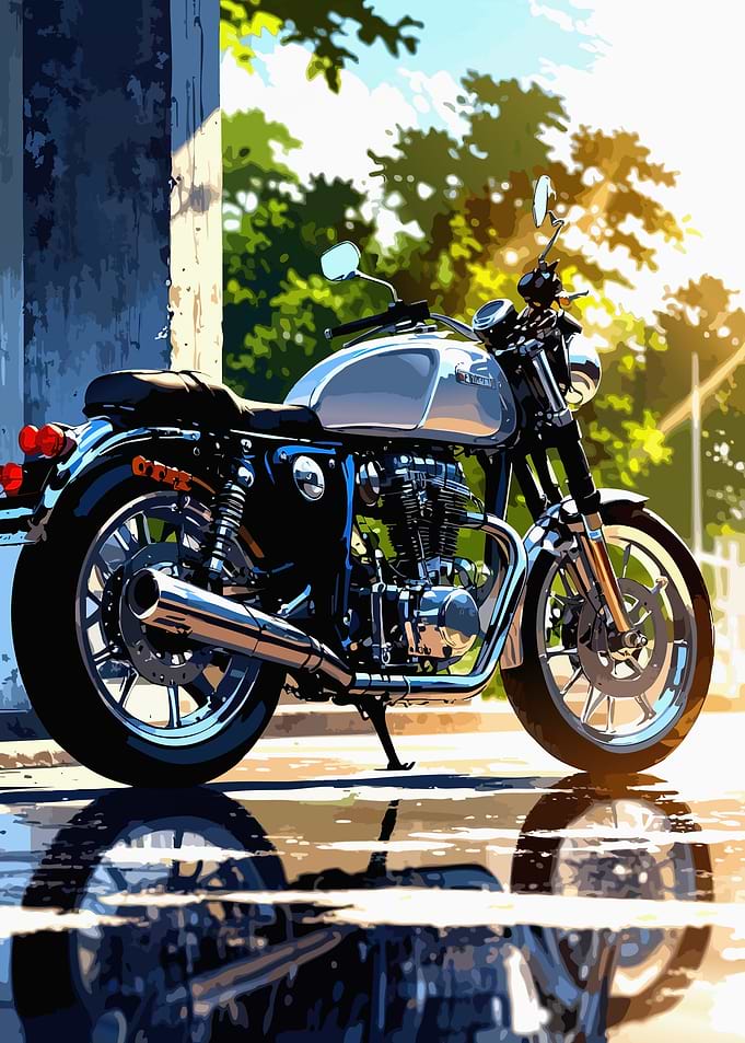 Classic Motorcycle on Wet Pavement
