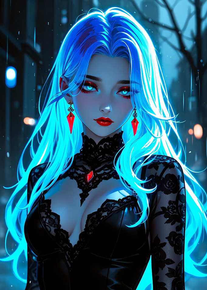 Blue-haired woman in black lace dress
