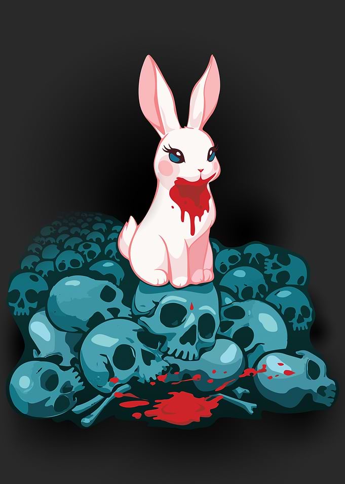 Cute but deadly bunny on skulls