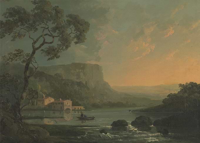 Lake Landscape with Building and Boat