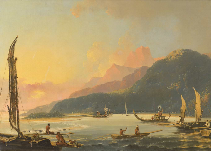 Tahitian Seascape with Boats and Figures