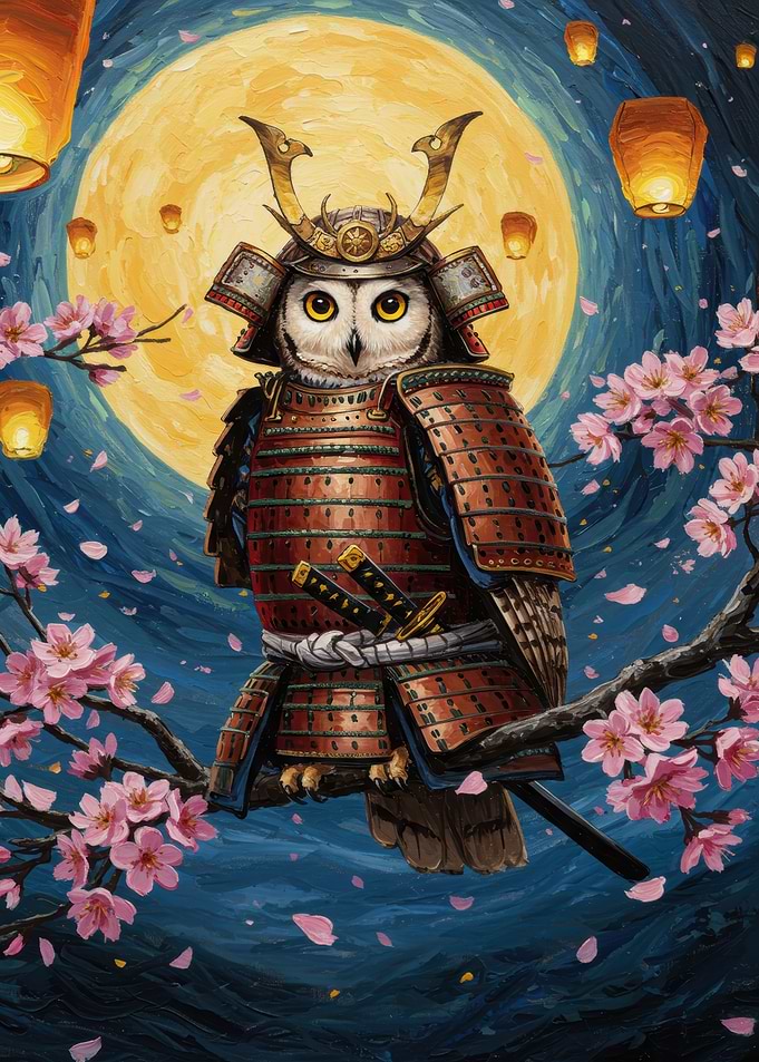 Samurai Owl with Cherry Blossoms