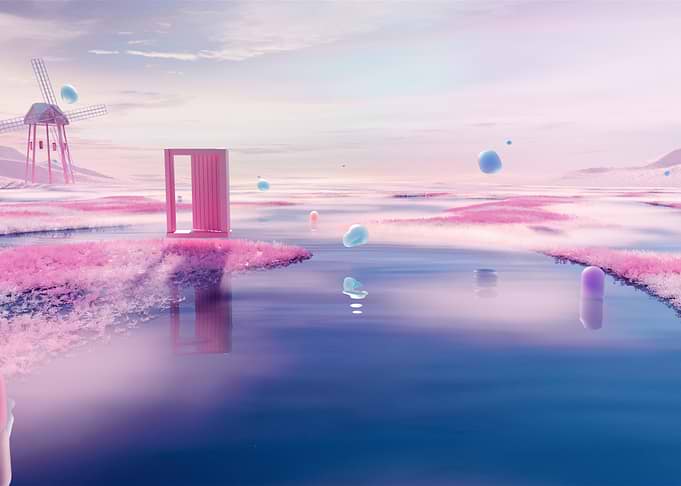 Surreal Pink Landscape with Door and Windmill