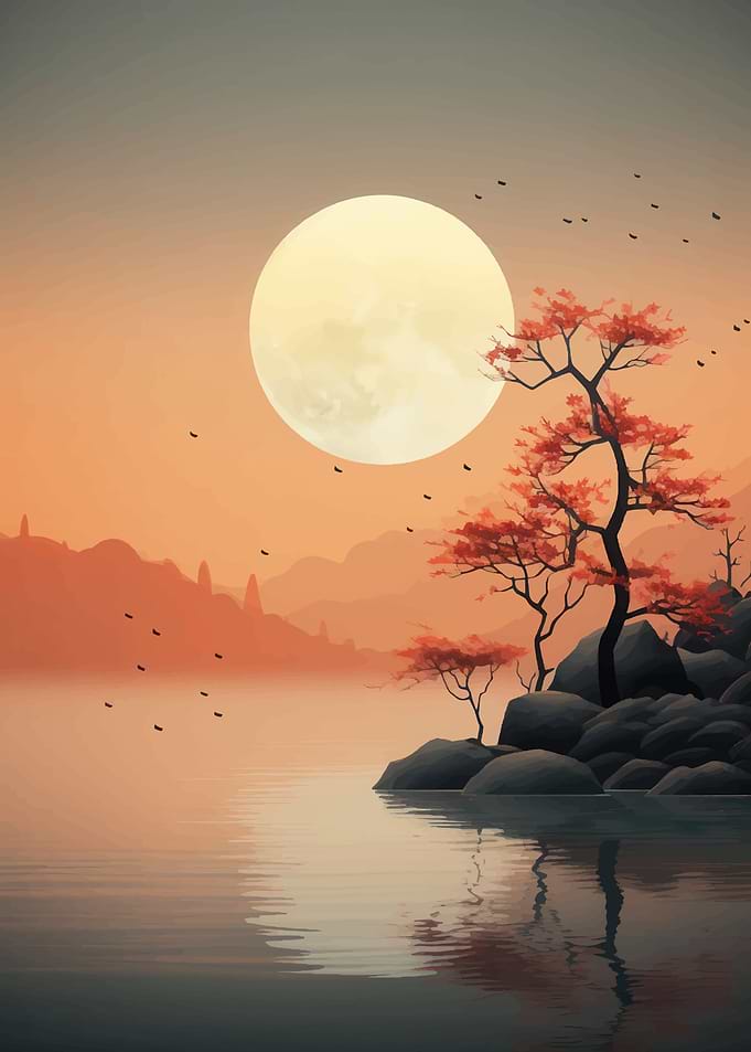 Japanese Landscape with Moon and Trees