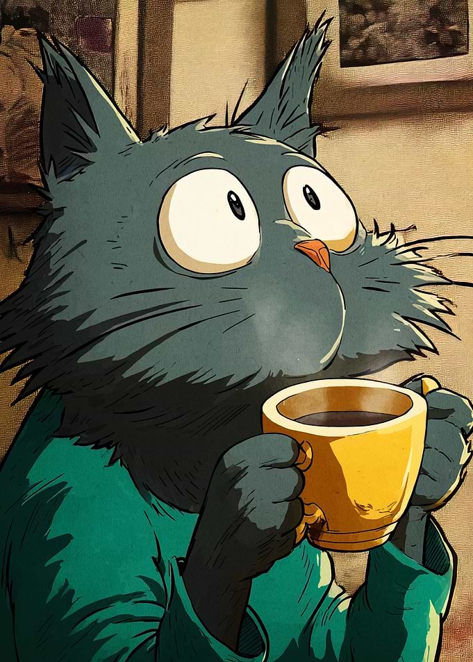 Cartoon Cat Drinking Coffee