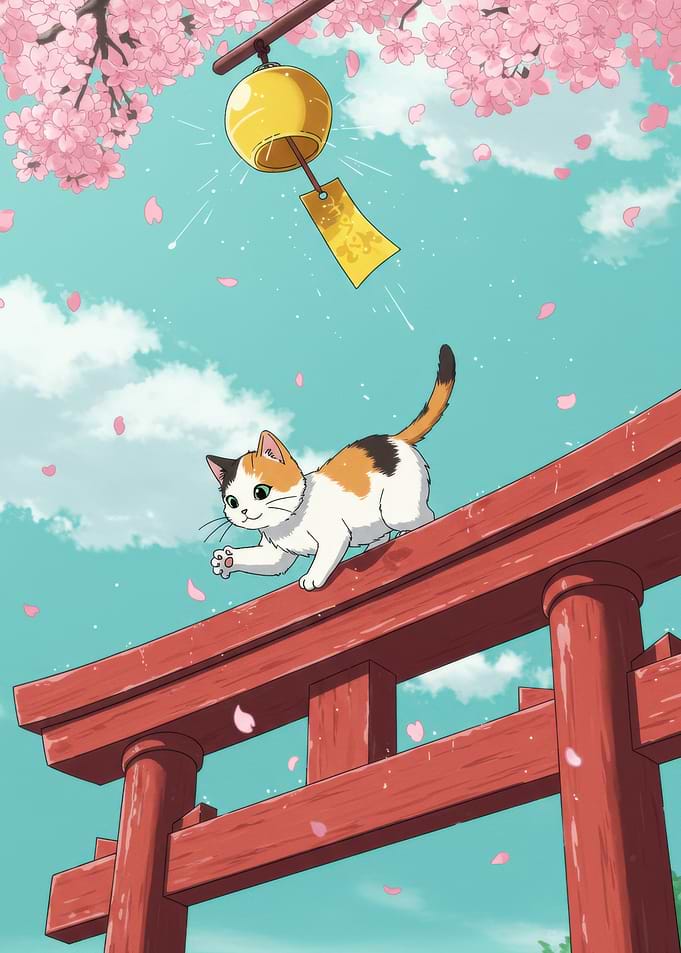 Calico Cat on Torii Gate