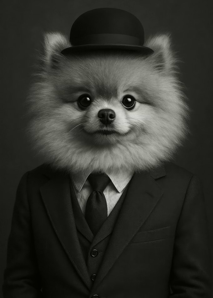 Pomeranian Dog in Suit and Bowler