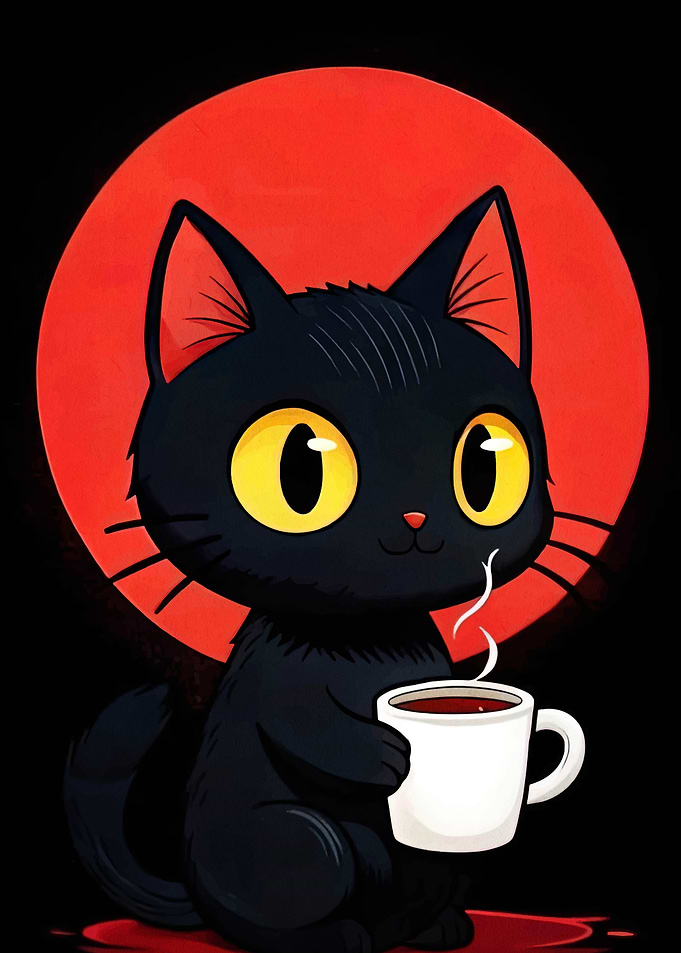 Black Cat with Coffee Mug