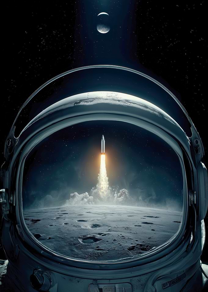 Astronaut Helmet View of Rocket Launch from Lunar Surface