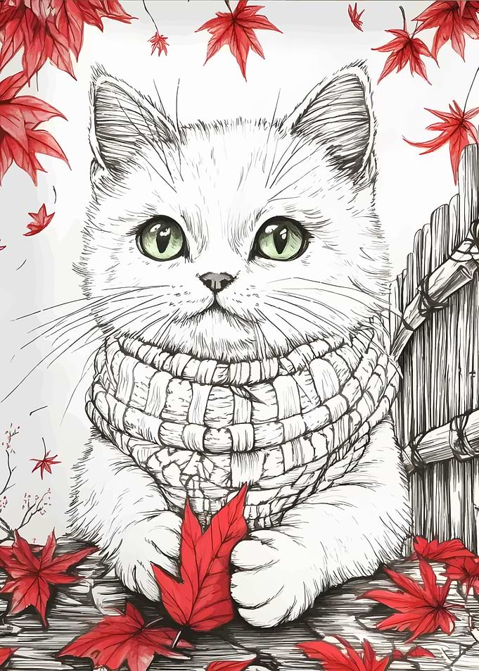 Autumn Cat with Maple Leaves