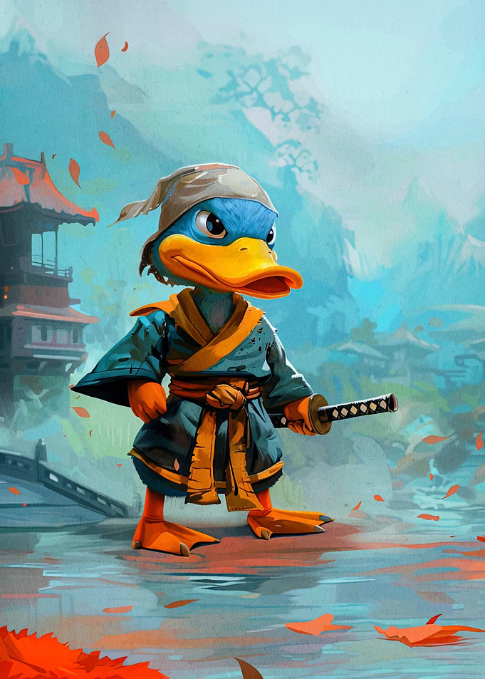 Duck Samurai in Japanese Landscape