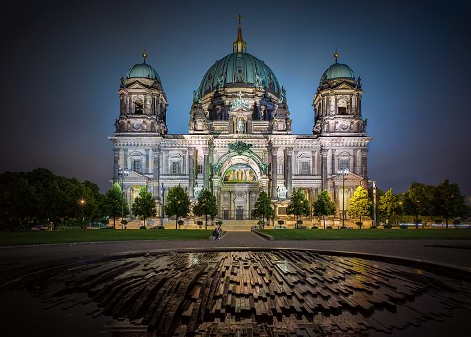 Berlin Cathedral at Night with Reflection