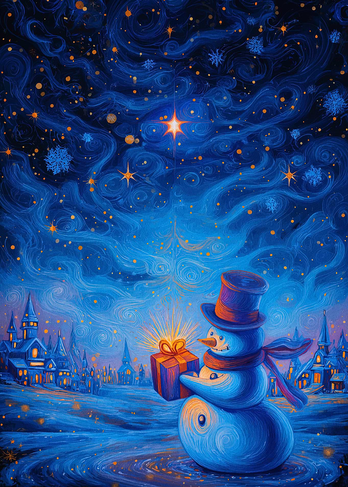 Snowman with Gift in Winter Landscape