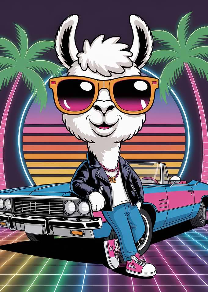 Cool Llama with Car and Palms