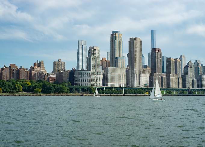New York, Cityscape with Sailboats on the Water