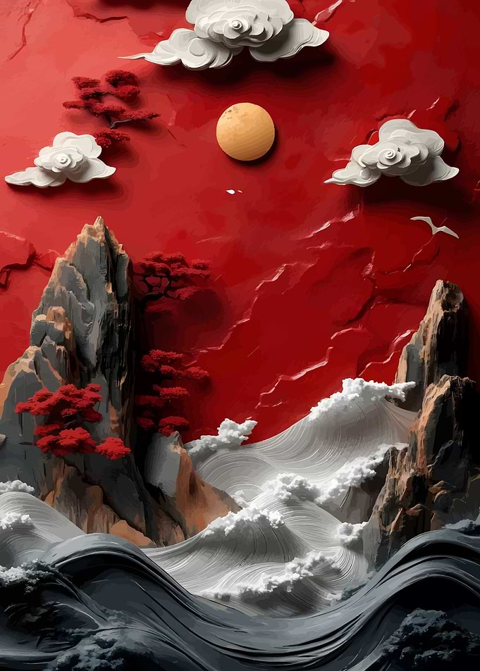 Red Sky Mountain and Sea Landscape