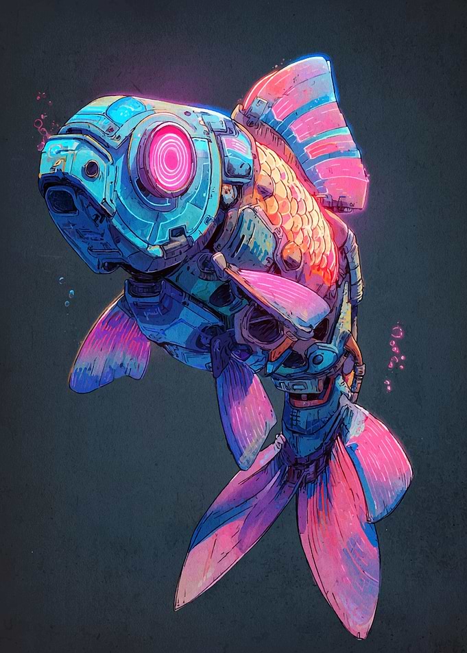 Cyberpunk Robotic Goldfish Illustration