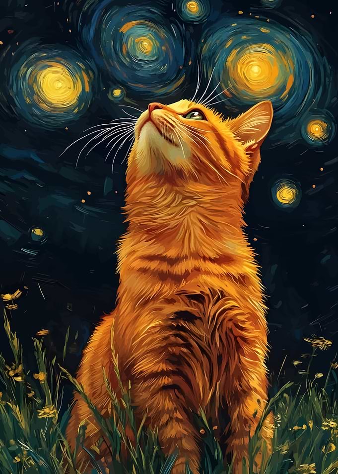 Ginger Cat Gazing at Starry Night