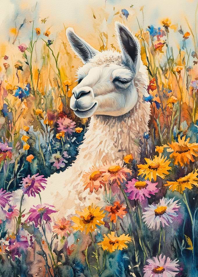 Llama in a field of flowers