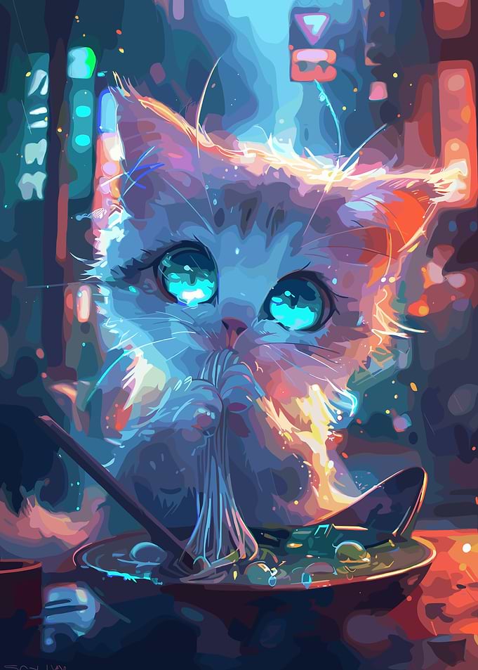 Anime Cat Eating Ramen