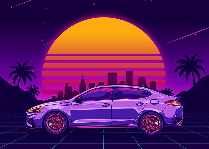hyundai i30 n fastback Retro Wave Illustration
