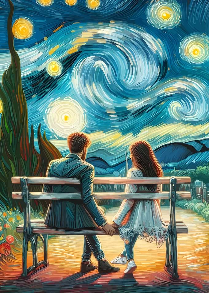 Couple on Bench Under Starry Night