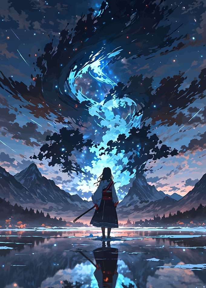 Anime Girl Stargazing by Lake