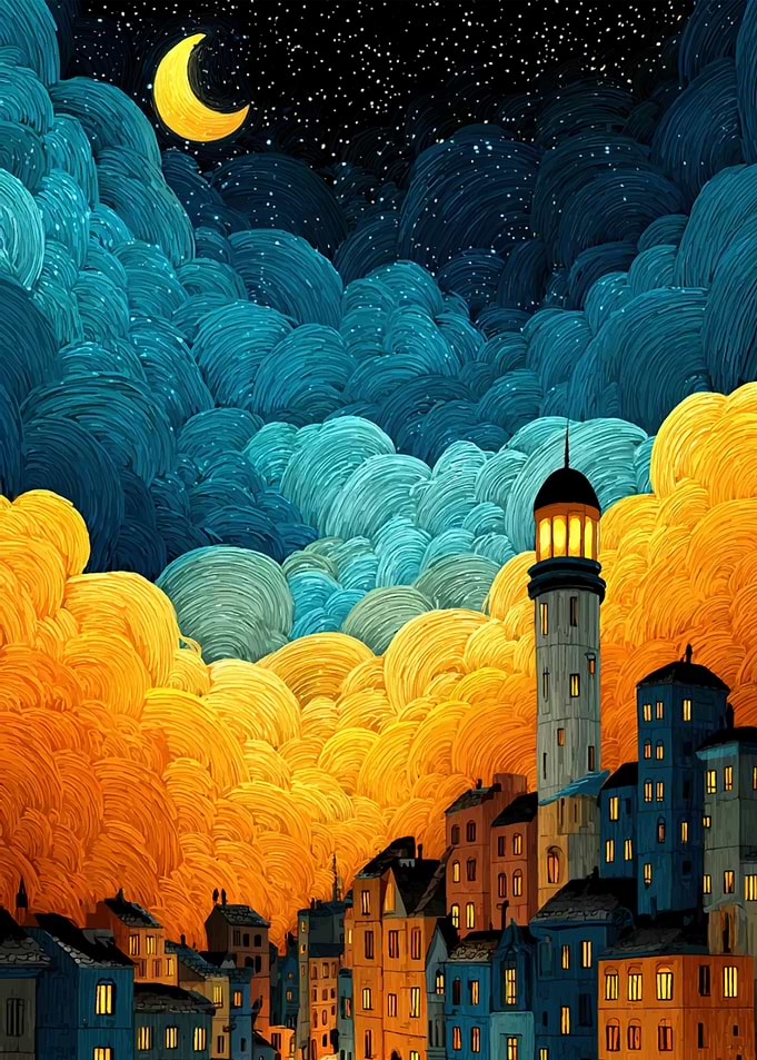 Night Cityscape with Moon and Clouds