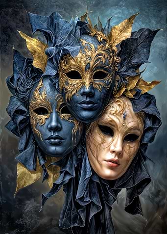 Three Venetian Masks with Gold Details