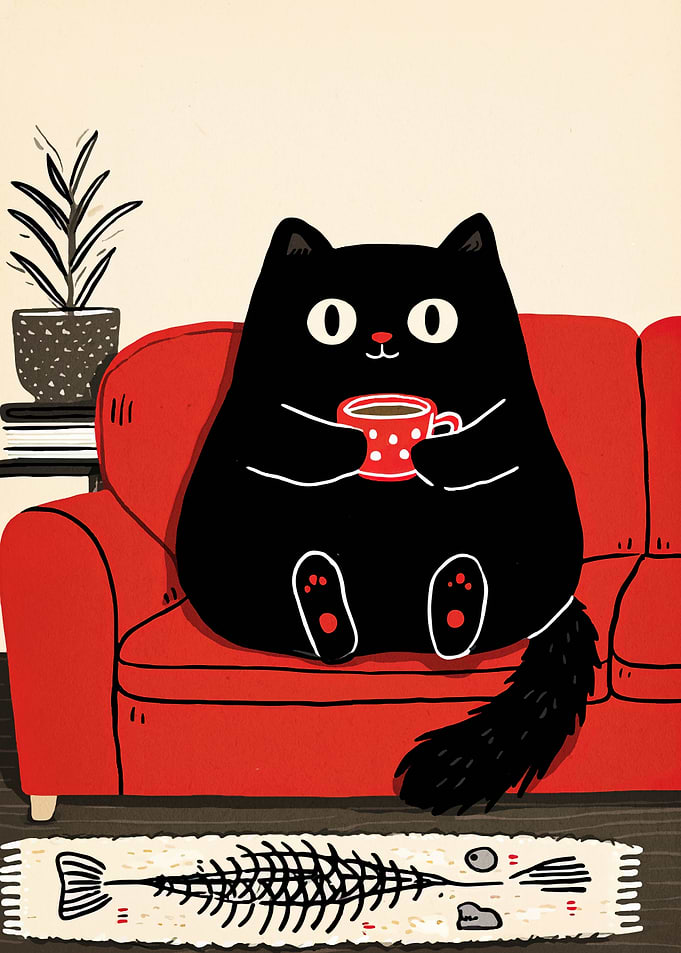 Cartoon Cat Relaxing with Coffee