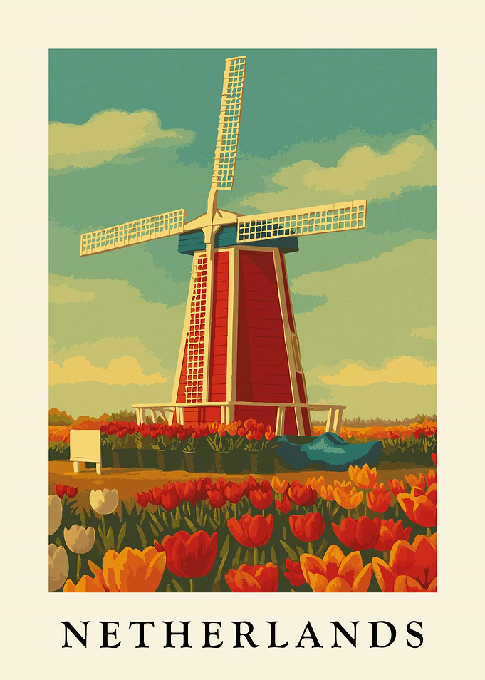 Netherlands Windmill and Tulips Art Print